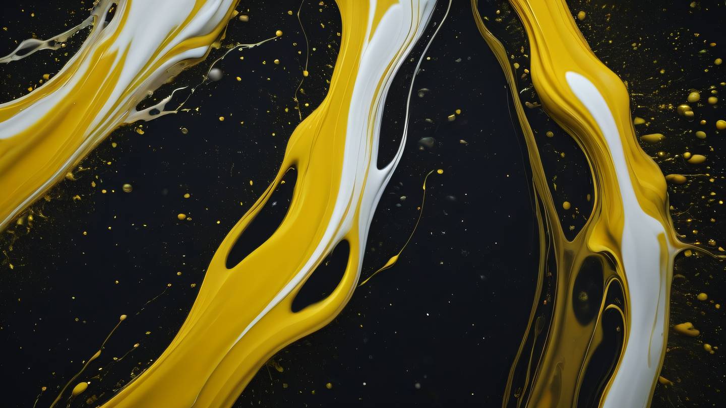 Flowing bright mustard and white liquid streams merging and splitting in abstract patterns against dark background Concept Digital Painting high-quality ultra-realistic cinematic 8K UHD high resolution sharp and detail