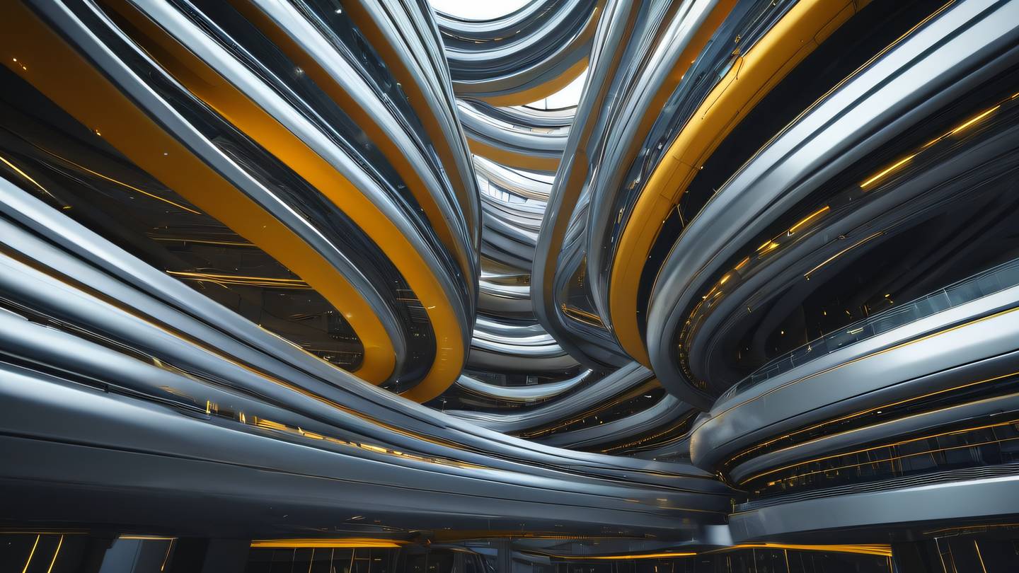 A futuristic abstract architecture with flowing data streams featuring metallic silver and butterscotch yellow colors intertwining in a dynamic pattern shot from a low angle perspective with dramatic lighting high-quality ultra-realistic cinematic 8K UHD high resolution sharp and detail