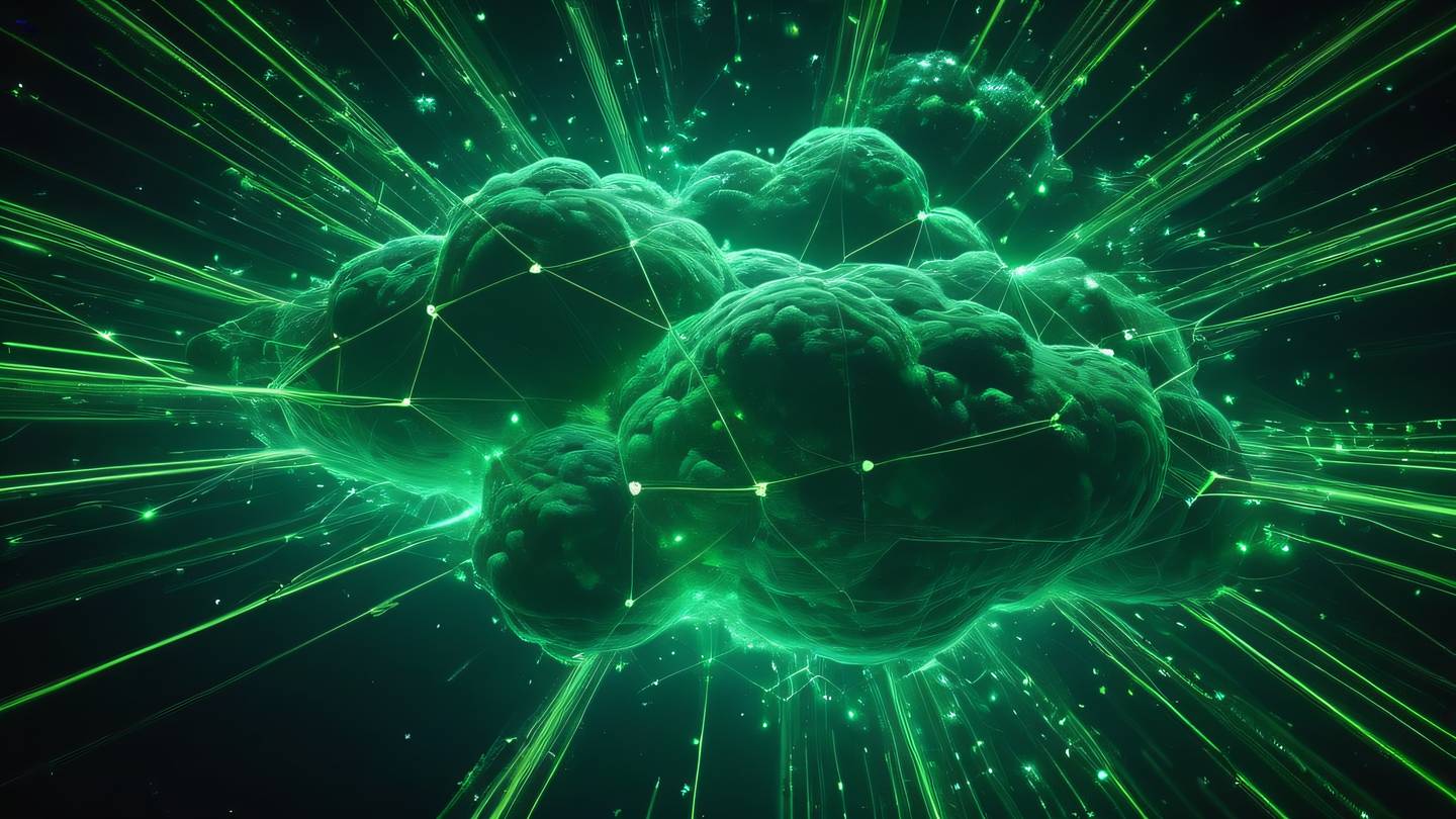 Abstract visualization of interconnected cloud networks floating in space featuring bright neon green and dark green color schemes captured from a bird's eye view perspective high-quality ultra-realistic cinematic 8K UHD high resolution sharp and detail