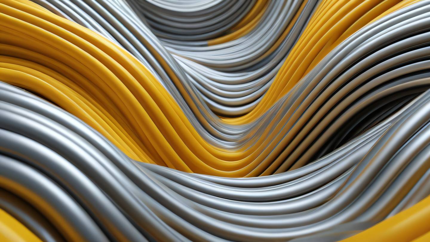 Organic flowing patterns representing secure data transmission featuring bright butterscotch yellow and metallic silver colors in an abstract composition captured from a worm's eye view perspective high-quality ultra-realistic cinematic 8K UHD high resolution sharp and detail