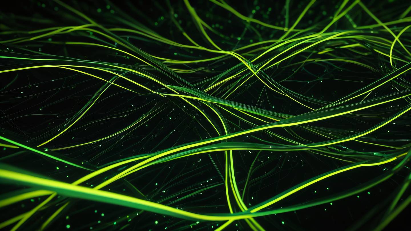 Abstract flowing data streams forming interconnected network patterns with luminous neon green and bright yellow ribbons against deep black background dramatic overhead shot high-quality ultra-realistic cinematic 8K UHD high resolution sharp and detail