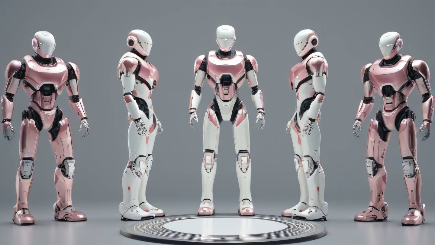 Geometric robot figures arranged in a circular pattern made of metallic surfaces reflecting off-white and rose colors shot from a low angle perspective high-quality ultra-realistic cinematic 8K UHD high resolution sharp and detail