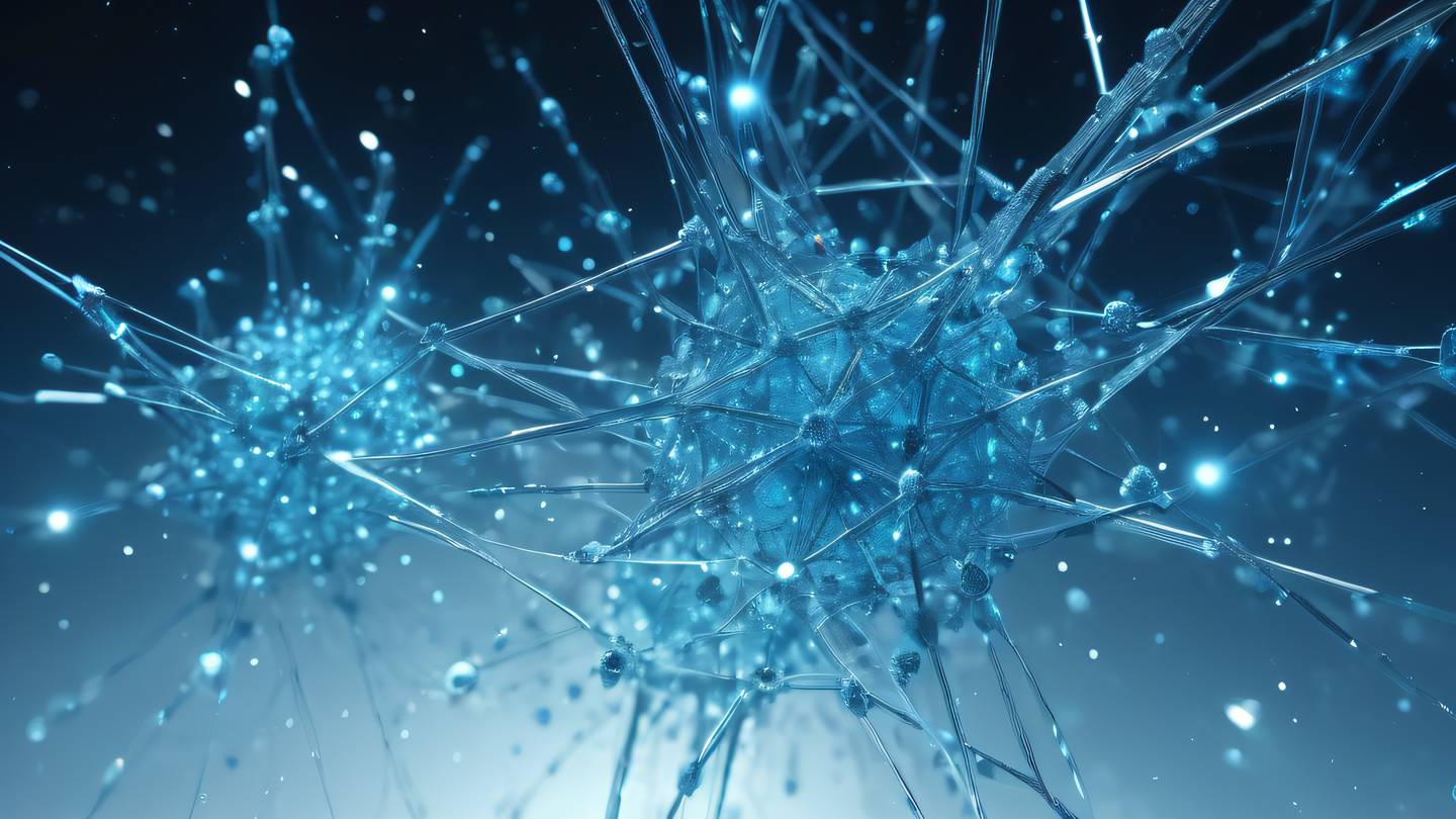 Abstract network of interconnected crystal nodes glowing in bright sky blue and gray colors floating in space with particle effects high-quality ultra-realistic cinematic 8K UHD high resolution sharp and detail
