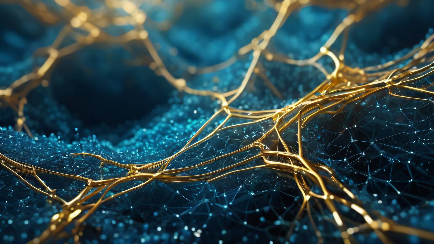 A 3D rendered abstract representation of interconnected digital nodes and pathways featuring shimmering gold and vivid blue colors flowing through crystalline structures ultra-realistic cinematic 8K UHD high resolution sharp and detailed