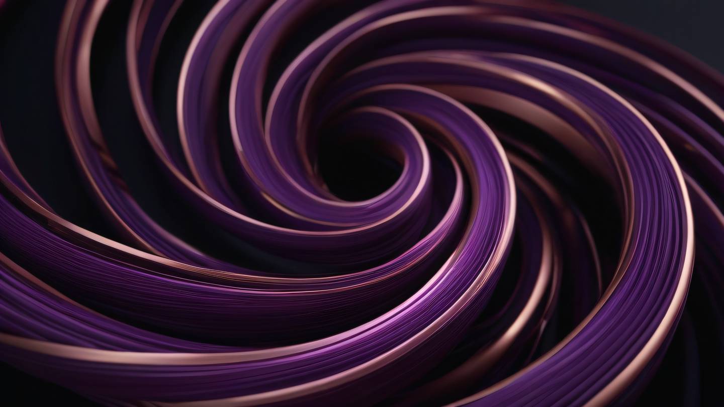 Abstract flowing data streams visualization with vivid purple and rose gold ribbons intertwining in a spiral pattern against a dark background high-quality ultra-realistic cinematic 8K UHD high resolution sharp and detailed