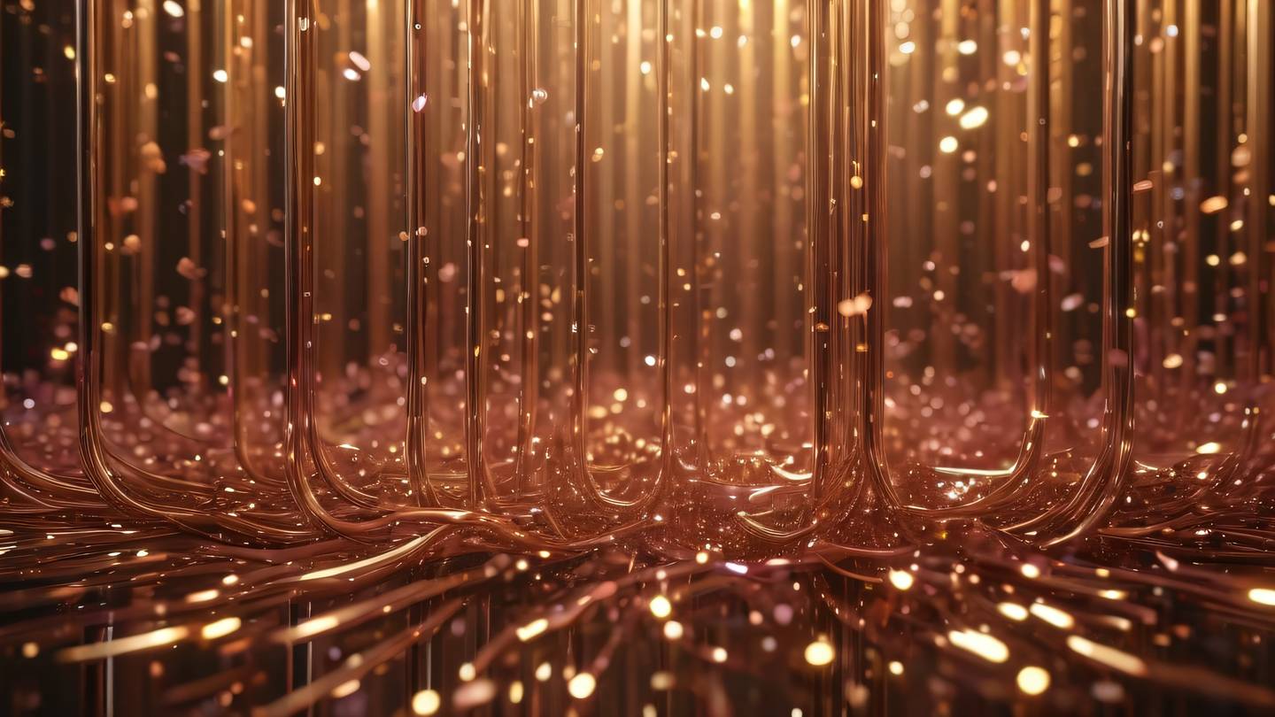Dynamic 3D rendered abstract data flow visualization featuring shimmering gold and rose colored light particles flowing through transparent tubes ultra-realistic cinematic 8K UHD high resolution sharp and detailed