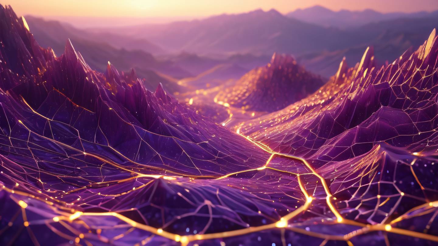 Abstract technological landscape with vivid golden light paths weaving through crystalline structures featuring bright purple and rose gold accents high-quality ultra-realistic cinematic 8K UHD high resolution sharp and detailed