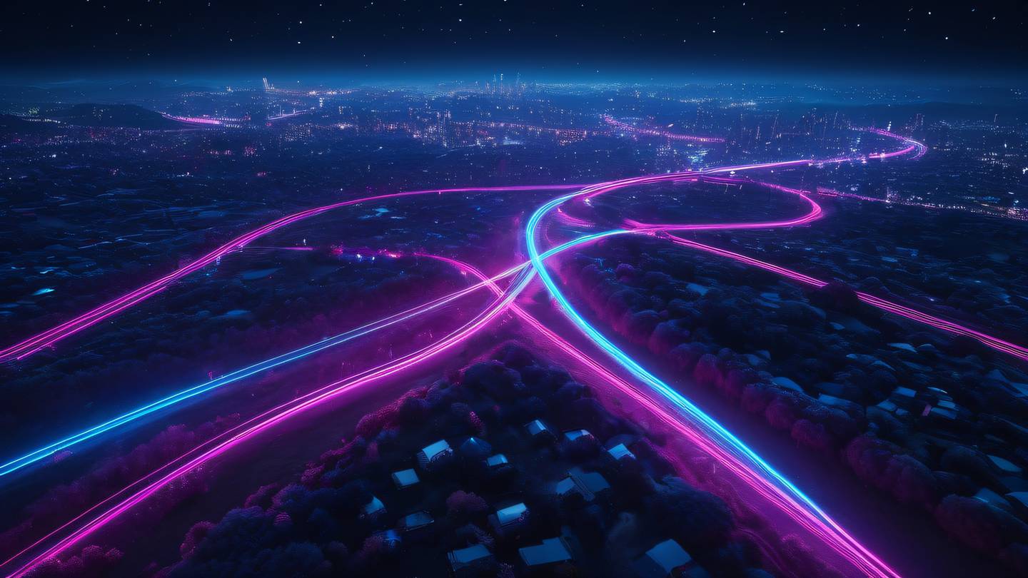 A vibrant aerial view of interweaving pathways made of neon pink and electric blue light streams against a night sky background with scattered stars high-quality ultra-realistic cinematic 8K UHD high resolution sharp and detail