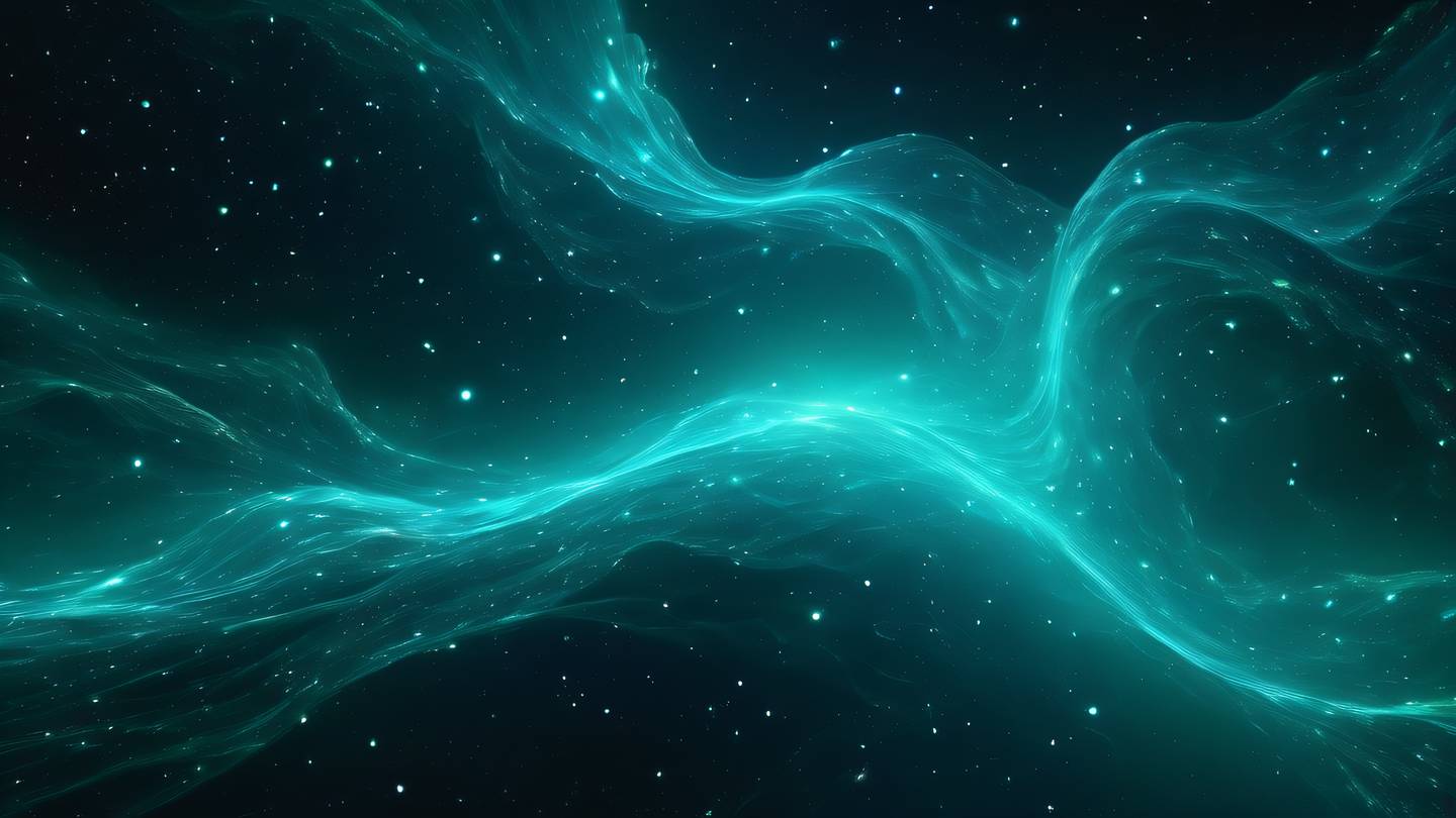 A serene abstract digital art representing data flow with flowing bright cyan and emerald streams against a deep space background featuring constellation-like patterns and nebula clouds high-quality ultra-realistic cinematic 8K UHD high resolution sharp and detail