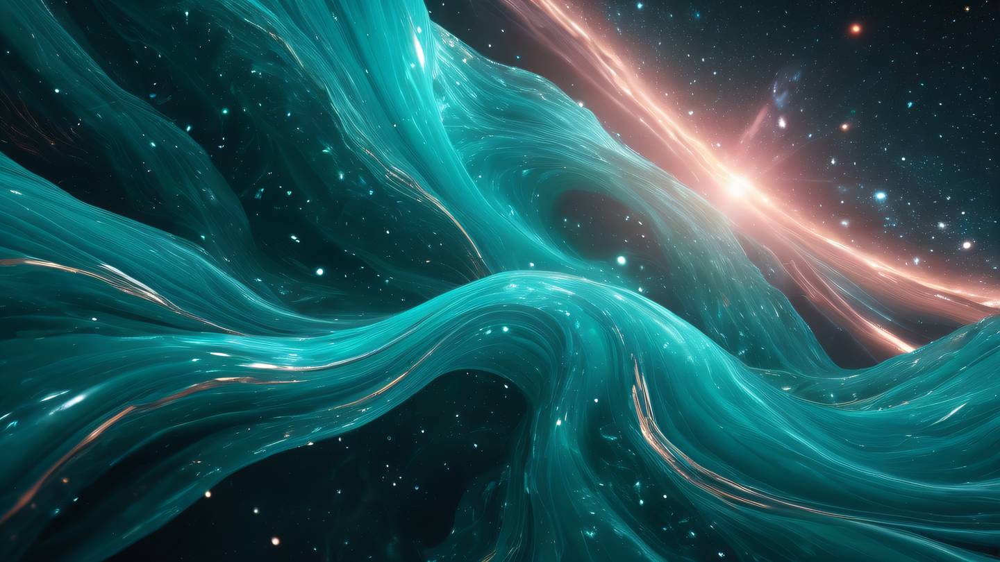 Abstract landscape with flowing energy ribbons in bright aqua and jade colors featuring crystal formations and particle effects against a cosmic background with hints of rose gold high-quality ultra-realistic cinematic 8K UHD high resolution sharp and detail