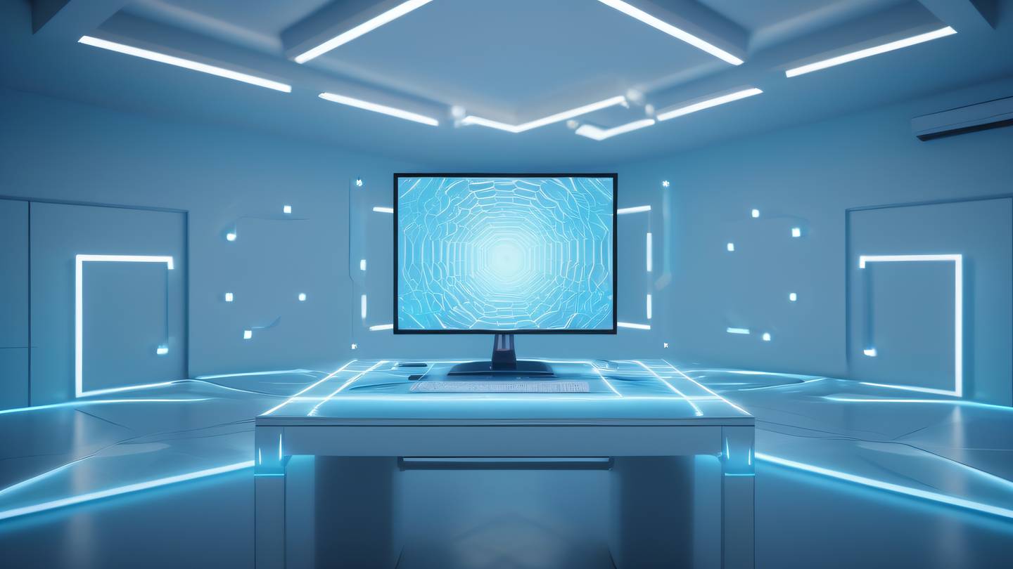 A modern minimalist tech workspace with glowing iridescent and sky blue geometric patterns floating in the air ultra-realistic cinematic 8K UHD high resolution sharp and detail