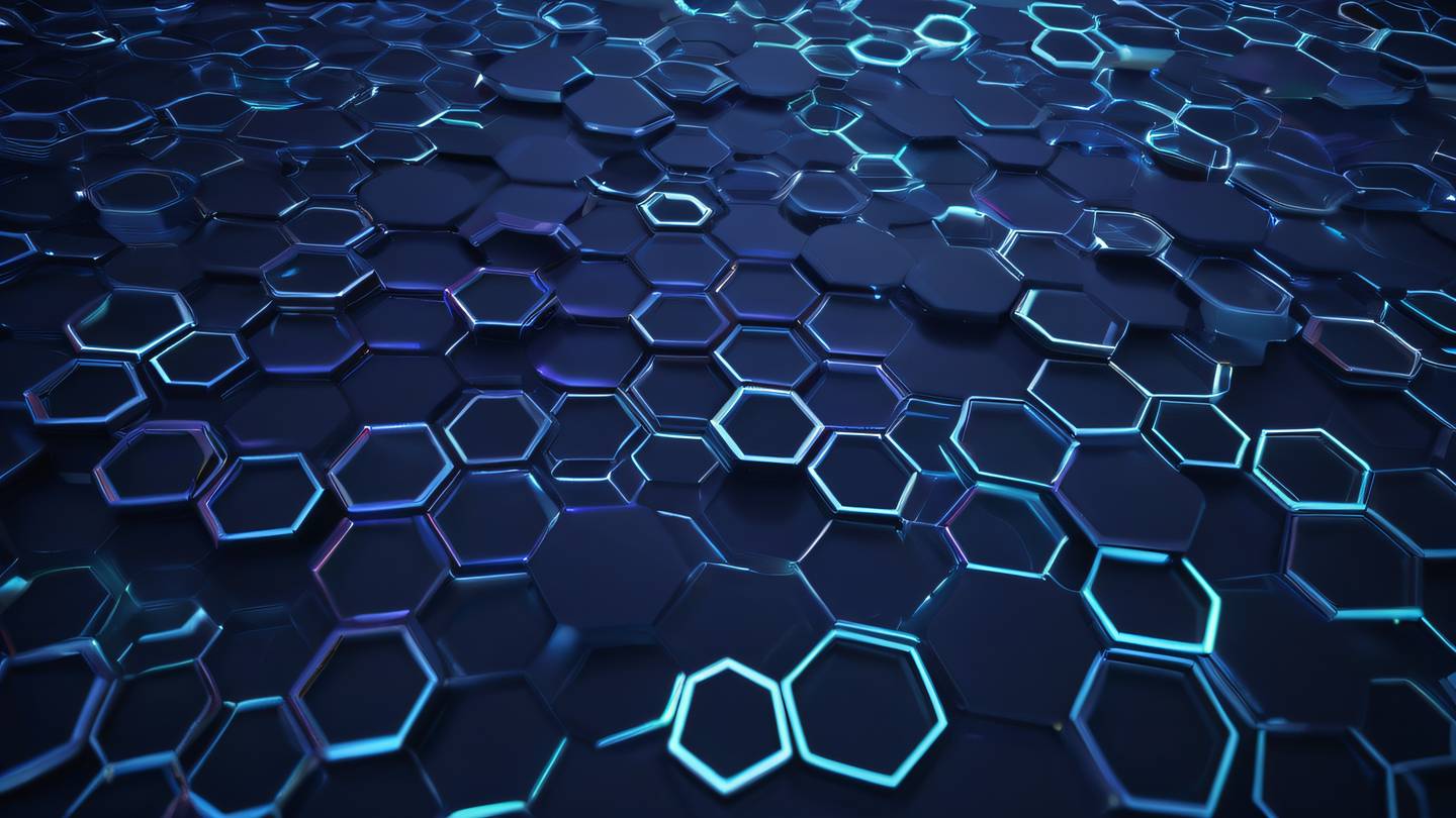 Geometric abstract pattern with interconnected hexagons in iridescent and cool tones representing network of dependencies floating in space high-quality ultra-realistic cinematic 8K UHD high resolution sharp and detail