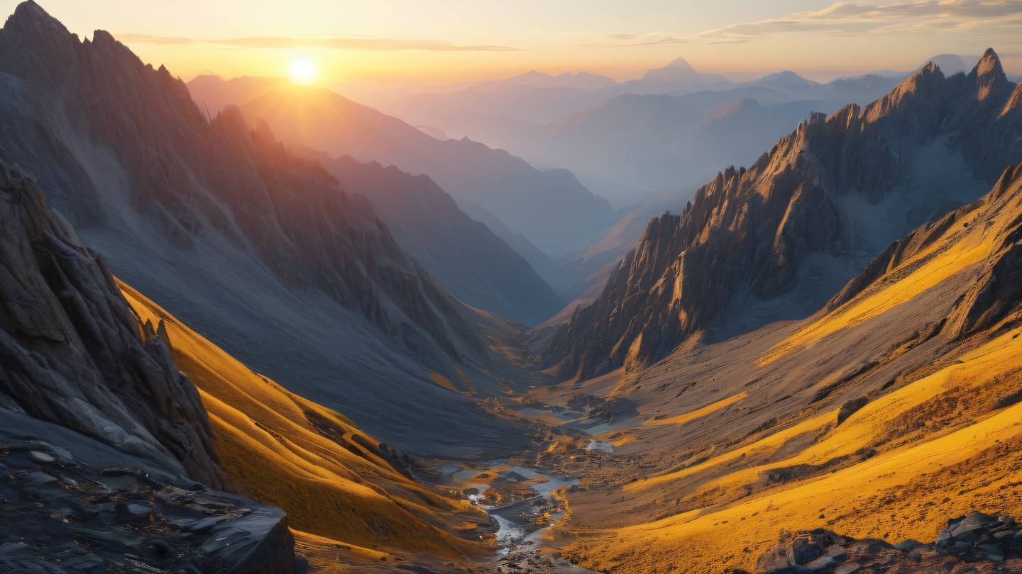 Abstract mountain landscape with geometric patterns vibrant yellow and stone colors blending into a sunrise scene representing scalable architecture high-quality ultra-realistic cinematic 8K UHD high resolution sharp and detail