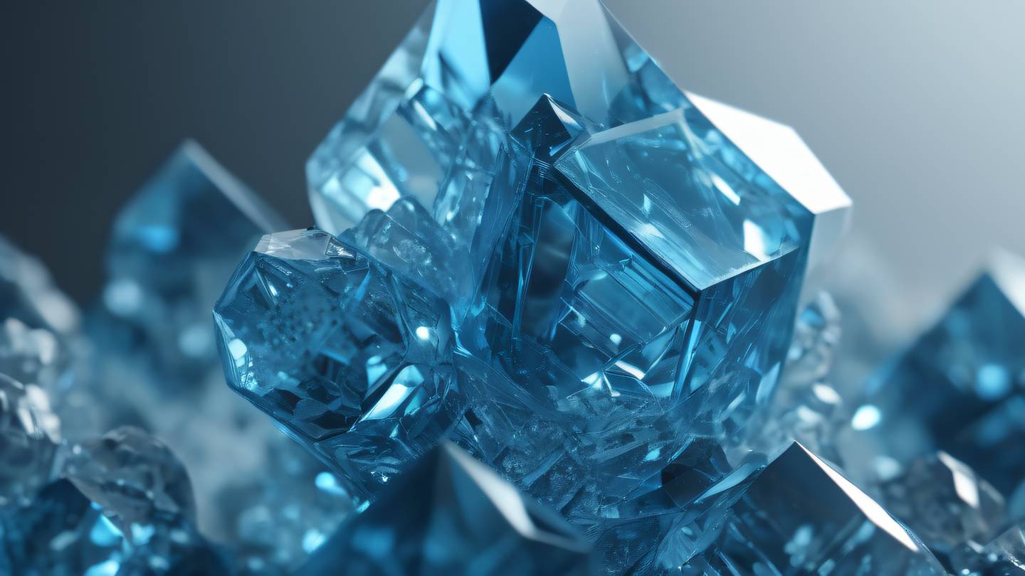 Geometric crystal formation in minimal silver and bright blue tones representing microservices architecture interconnected crystalline structures with clean lines and smooth surfaces high-quality ultra-realistic cinematic 8K UHD