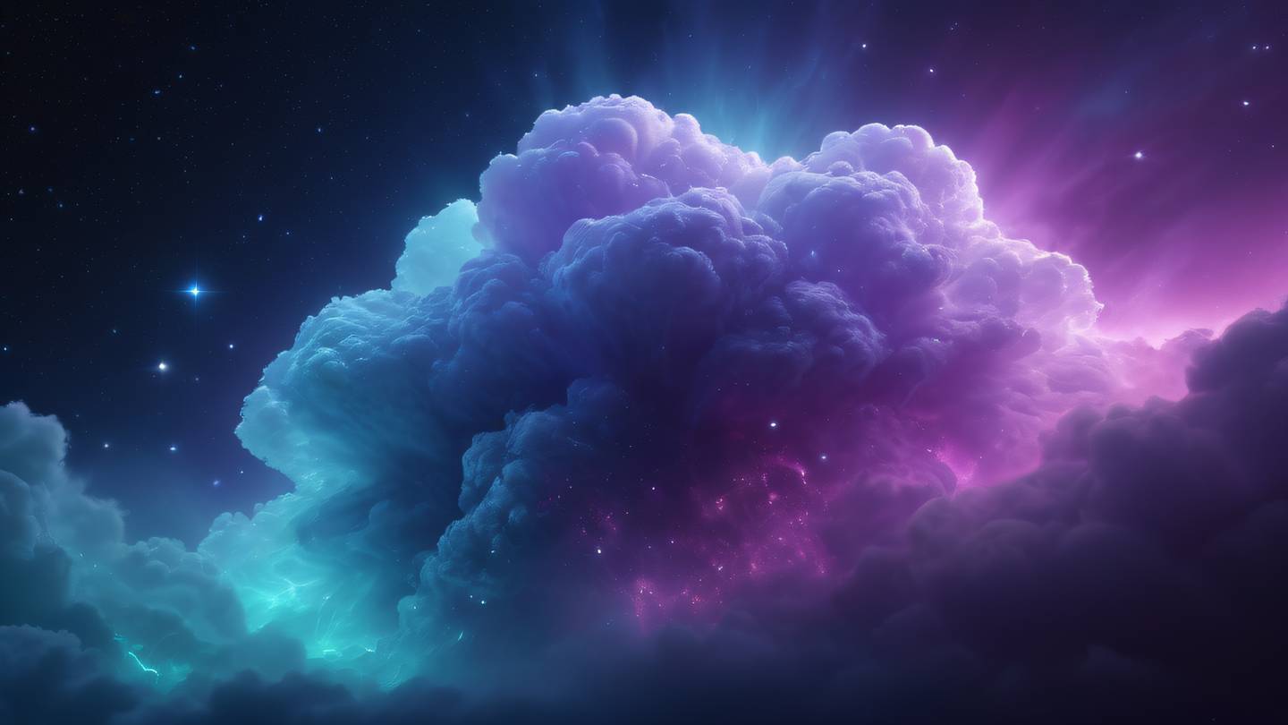 Nebular cloud formation in bright gem tones of purple and teal representing data flow and system monitoring ethereal wisps and streams of energy high-quality ultra-realistic cinematic 8K UHD