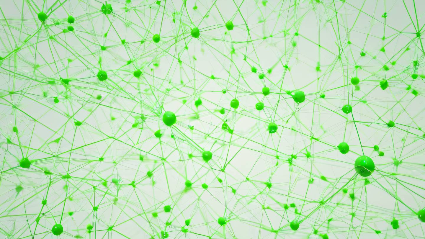 Minimalist visualization of interconnected nodes floating in space with bright neon green geometric patterns against off-white background captured from bird's eye view high-quality ultra-realistic cinematic 8K UHD high resolution sharp and detail