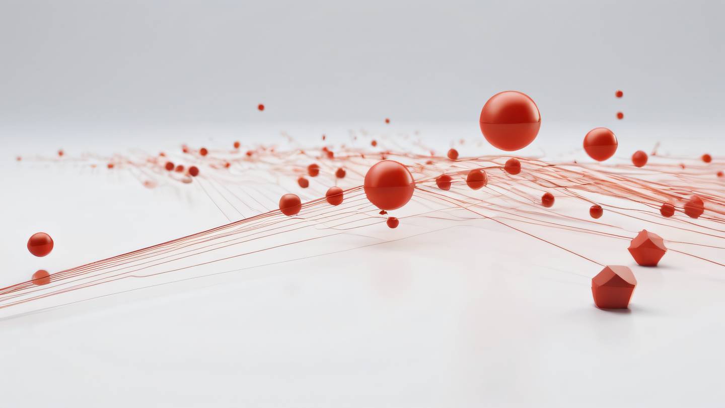 Abstract representation of a debugging process with floating perfect red and ochre colored geometric shapes against a clean white background showing a harmonious flow of data shot from a cinematic side angle high-quality ultra-realistic cinematic 8K UHD high resolution sharp and detail