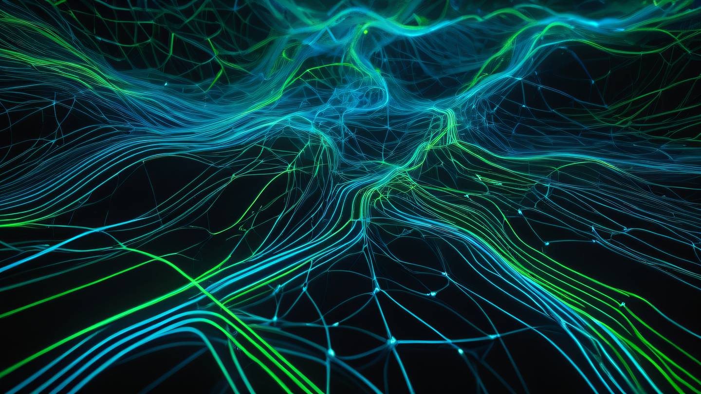 Abstract technology network mesh in bright neon blue and electric green colors flowing like digital rivers across a black backdrop shot from top-down perspective high-quality ultra-realistic cinematic 8K UHD high resolution sharp and detail