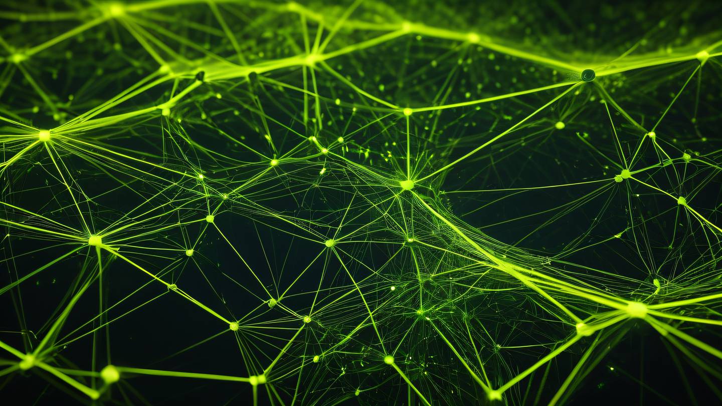 Abstract flowing data streams visualization with interconnected nodes geometric patterns representing web structure sunshine yellow and fluorescent green gradient dynamic composition from top-down perspective high-quality ultra-realistic cinematic 8K UHD high resolution sharp and detail