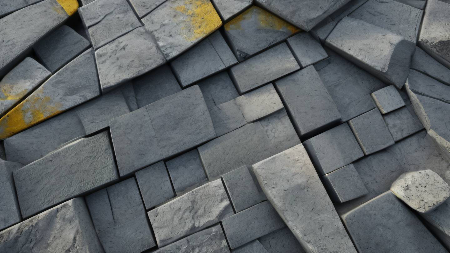 Sculptural stone texture arrangement in abstract form layered geometric patterns neutral and gray tones with hints of sunshine yellow photographed from straight-on perspective high-quality ultra-realistic cinematic 8K UHD high resolution sharp and detail