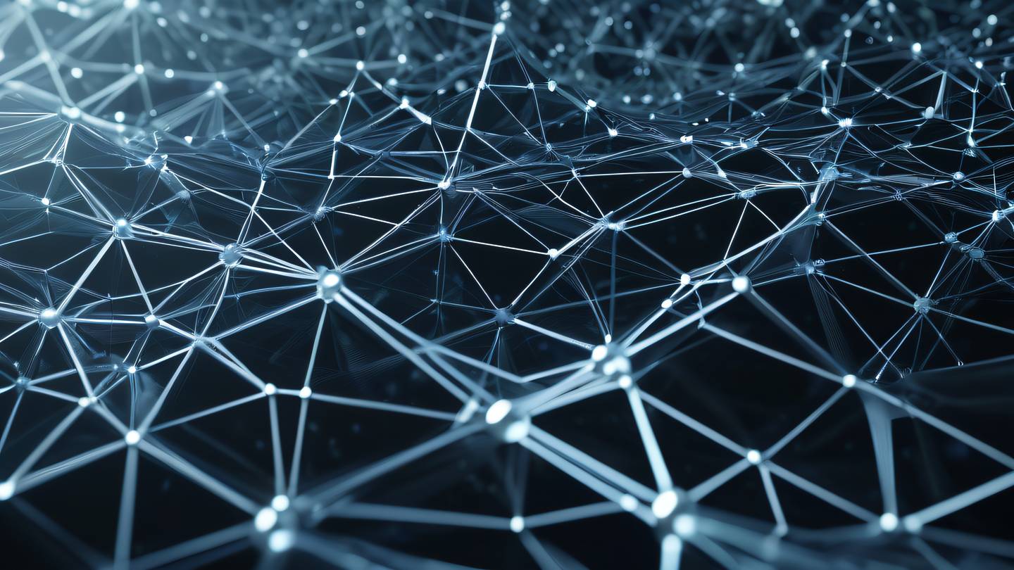 A sophisticated abstract representation of a digital web with interconnected nodes featuring flowing geometric patterns in bright silver and holographic tones shot from a dynamic 45-degree angle perspective high-quality ultra-realistic cinematic 8K UHD high resolution sharp and detail