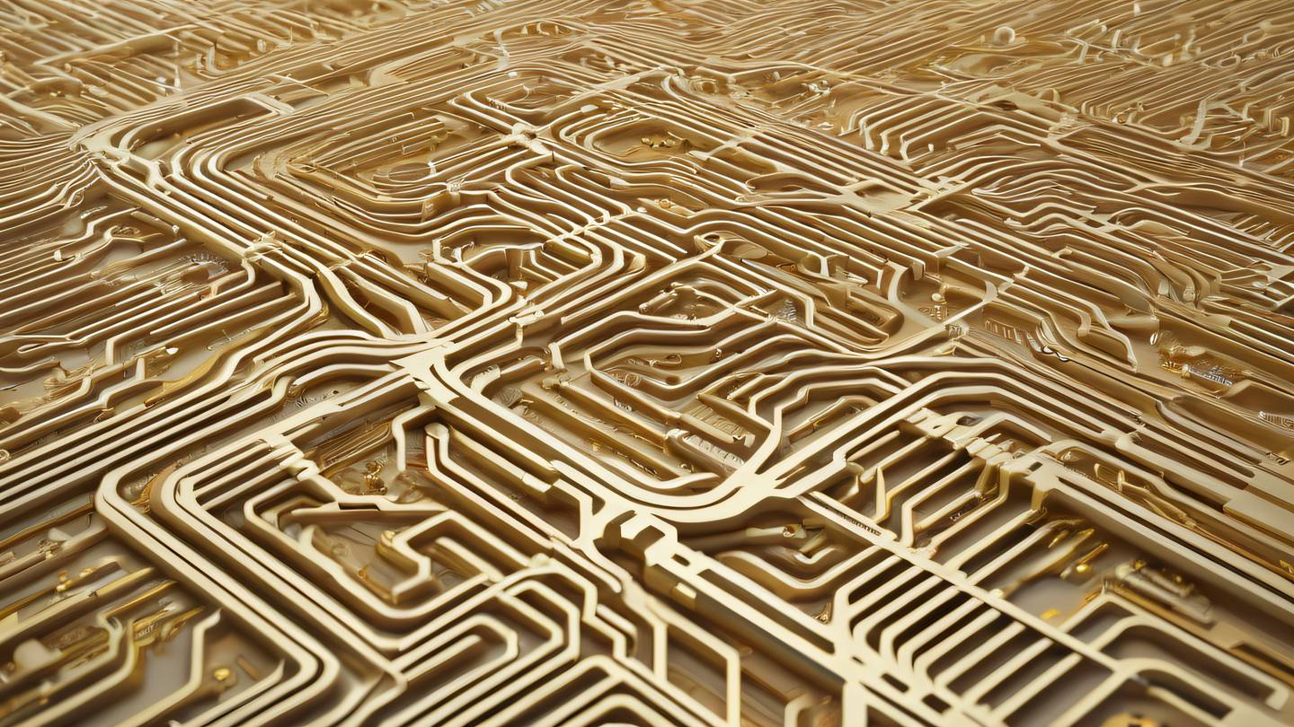 Aerial view of an intricate network pattern resembling circuit pathways rendered in warm creamy whites and golds against a contrasting background captured from directly above high-quality ultra-realistic cinematic 8K UHD high resolution sharp and detail