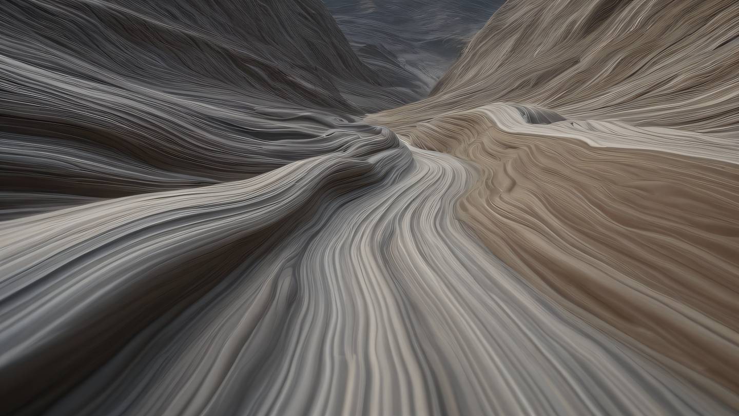 Abstract landscape of flowing data streams rendered in stone grays and earth tones captured from a low angle perspective showing upward movement high-quality ultra-realistic cinematic 8K UHD high resolution sharp and detail