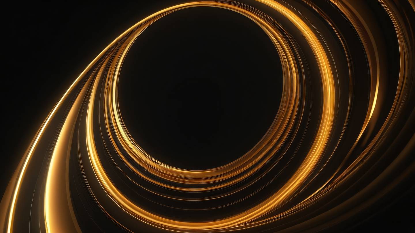 A modern abstract representation of time passing featuring flowing curves and circles in amber and gold tones against a deep black background shot from a front-facing perspective with depth high-quality ultra-realistic cinematic 8K UHD high resolution sharp and detail