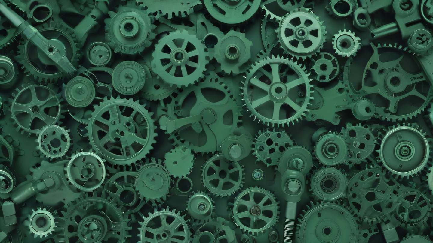 An aerial view of interlocking gears and mechanical clockwork mechanisms in sage green and pine green colors captured from directly above high-quality ultra-realistic cinematic 8K UHD high resolution sharp and detail