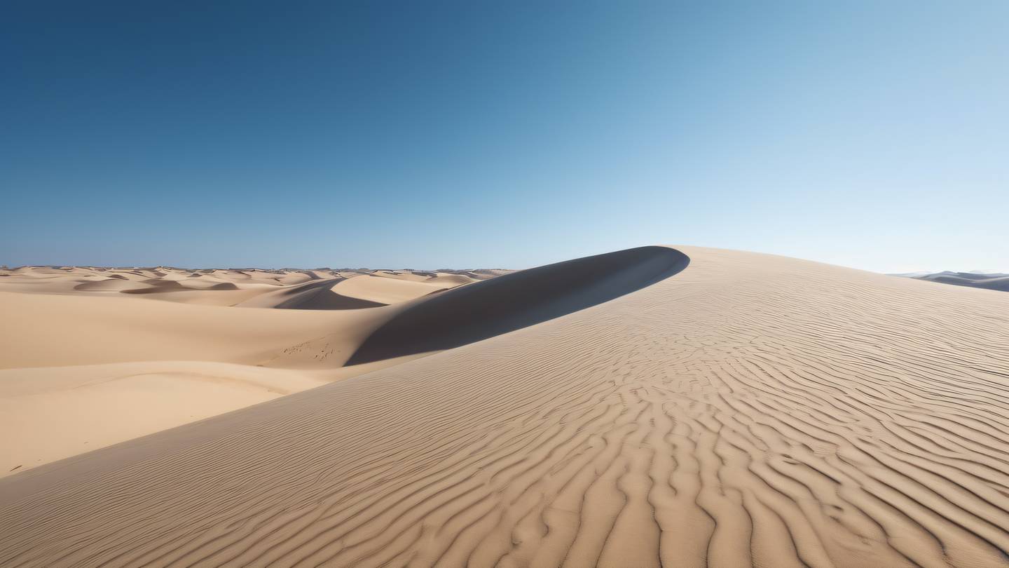A minimalist landscape of sand dunes with flowing patterns in baby blue and white tones photographed from a low angle with dramatic perspective high-quality ultra-realistic cinematic 8K UHD high resolution sharp and detail