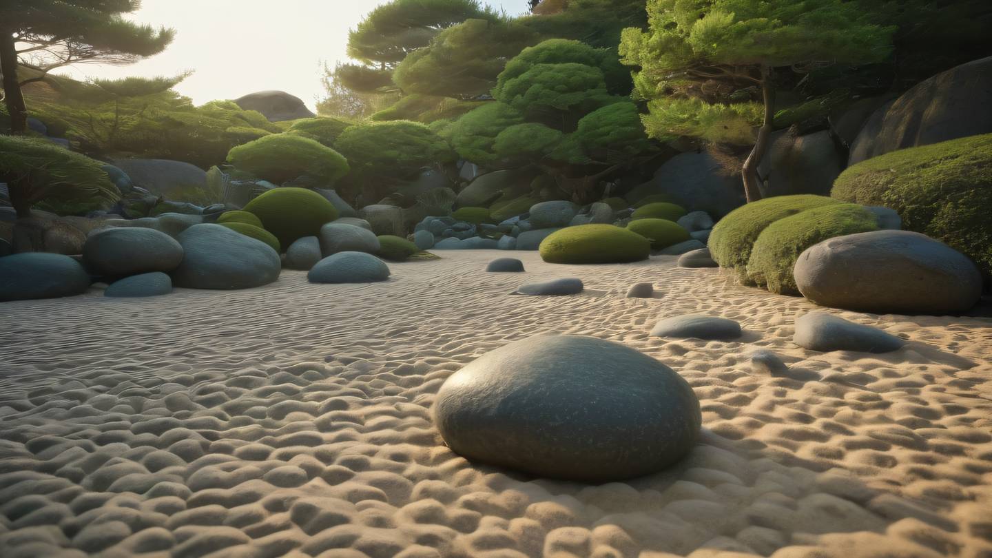 A serene Japanese rock garden with carefully arranged stones and raked sand patterns featuring stone blue and seaweed green colors photographed from a low angle during golden hour high-quality ultra-realistic cinematic 8K UHD high resolution sharp and detail
