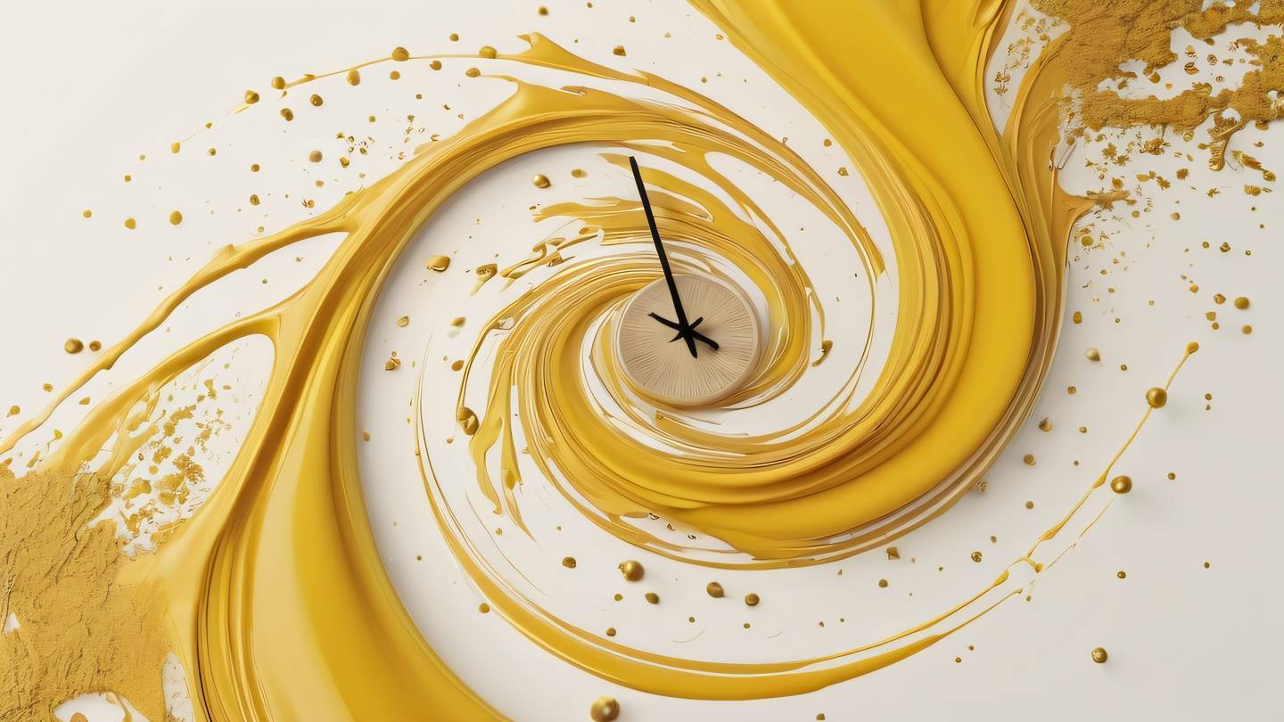 A minimalist abstract clock face dissolving into flowing liquid streams featuring bright yellow and gold tones with splashes of natural earth colors dynamic brush stroke textures interweaving throughout the composition. Captured from a top-down perspective with slight tilt high-quality ultra-realistic cinematic 8K UHD high resolution sharp and detail