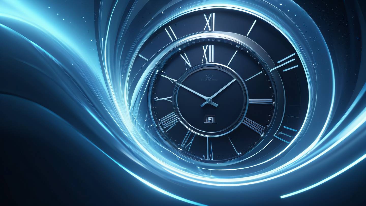 Abstract flowing streams of time represented by smooth curved lines in iridescent blue and silver interwoven with geometric clock elements. Shot from a diagonal perspective featuring light rays breaking through the composition. The elements float in space with natural lighting high-quality ultra-realistic cinematic 8K UHD high resolution sharp and detail