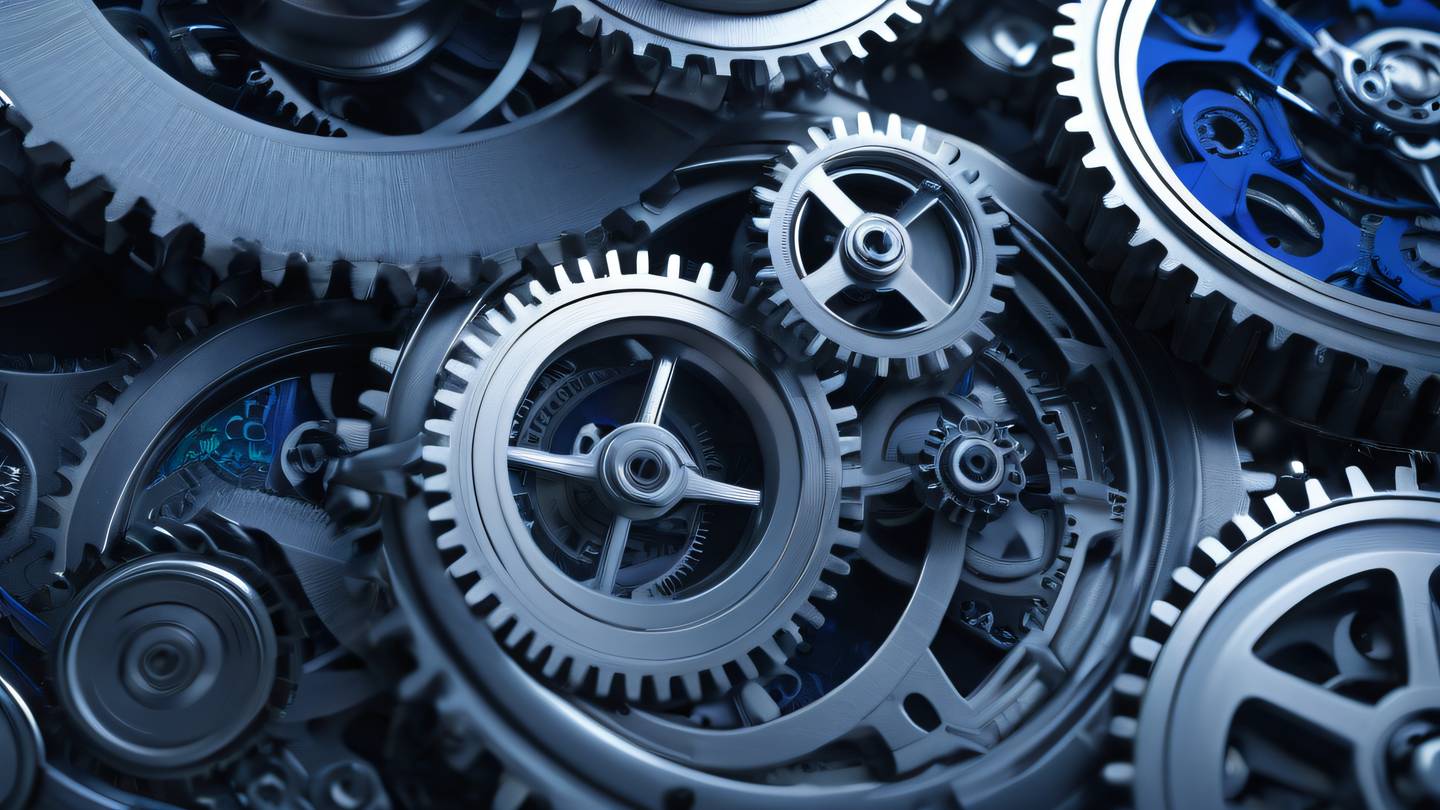 A geometric abstract composition showing interlinked gears and clockwork mechanisms rendered in bright indigo and metallic silver tones. Viewed from a close-up macro perspective with intricate details and mechanical elements flowing seamlessly together high-quality ultra-realistic cinematic 8K UHD high resolution sharp and detail