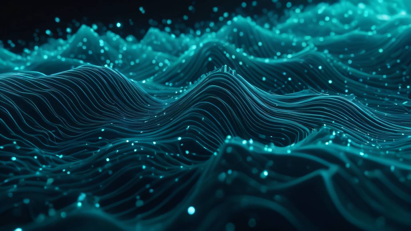 Abstract geometric patterns forming a flowing data stream with bright cyan crystals and teal light trails against a deep navy backdrop high-quality ultra-realistic cinematic 8K UHD high resolution sharp and detail
