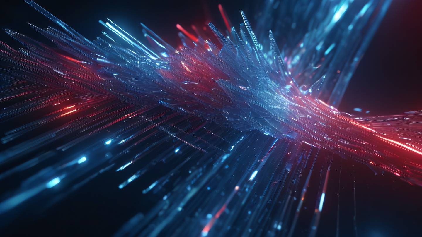 Elegant crystalline structure with red and blue light streams flowing through transparent layers representing data flow and security protocols high-quality ultra-realistic cinematic 8K