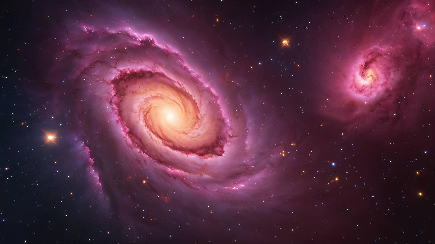 A cosmic nebula with swirling patterns of bright pink and amber colors showing intricate galaxy formations and stellar clouds ultra-realistic cinematic 8K UHD high resolution sharp and detail