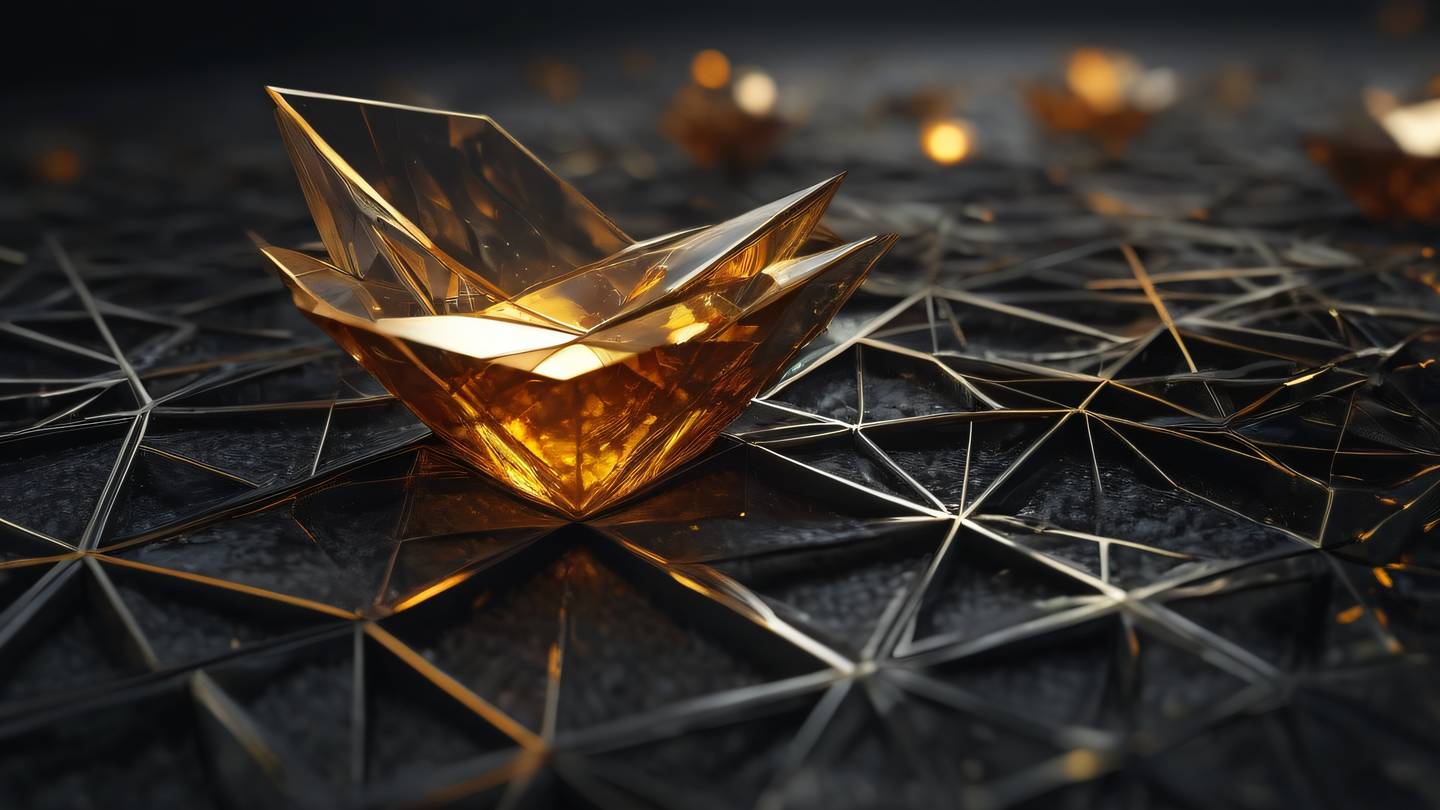 Abstract geometric patterns with floating crystalline structures in zinc and amber colors against a dark background featuring sharp angles and prismatic reflections high-quality ultra-realistic cinematic 8K UHD high resolution sharp and detail