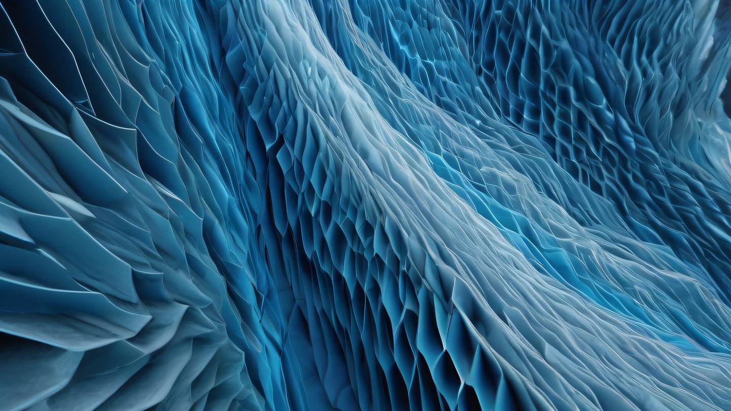 Abstract geometric patterns flowing in a cascade formation bright blue and gray crystalline structures interconnected in a systematic way representing data flow high-quality ultra-realistic cinematic 8K UHD high resolution sharp and detail