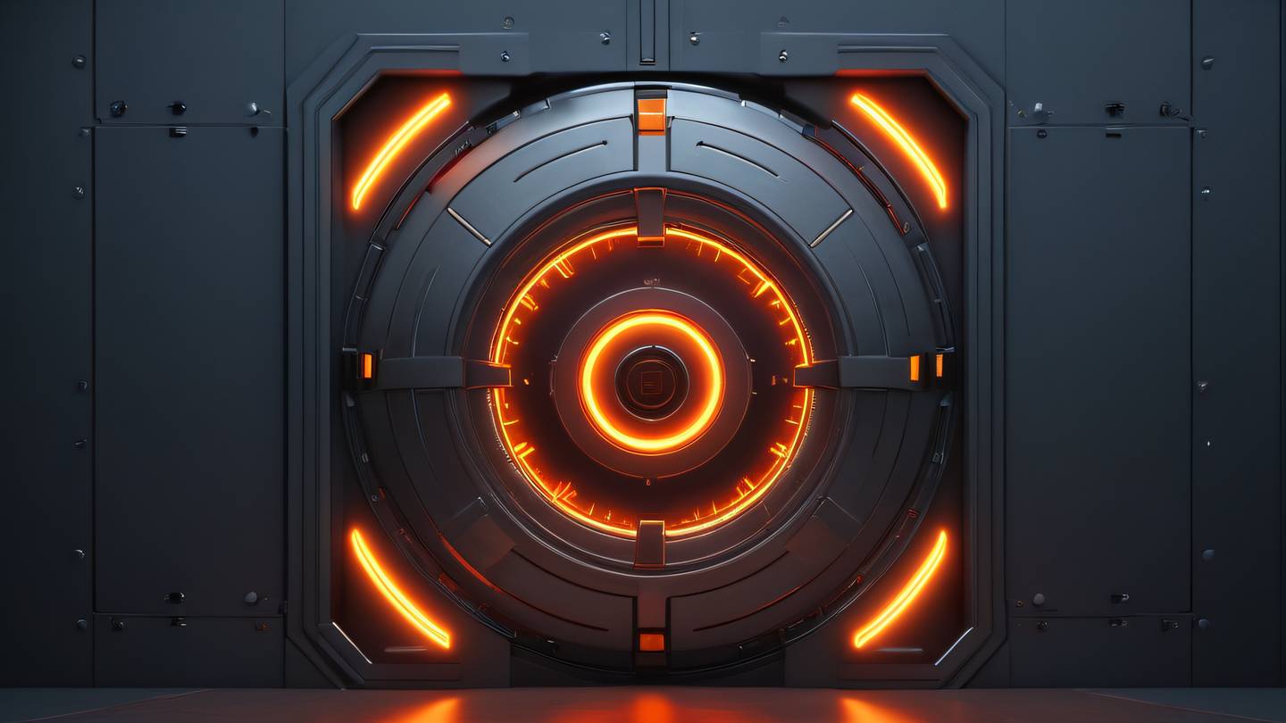 A futuristic security vault door with glowing circuit patterns metallic surface with orange and red energy flowing through in a high-tech aesthetic high-quality ultra-realistic cinematic 8K UHD high resolution sharp and detail
