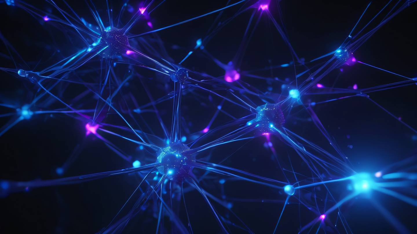 A futuristic abstract network of glowing neon blue and purple interconnected nodes against a dark background representing error handling and middleware flow with sharp crystalline structures high-quality ultra-realistic cinematic 8K UHD high resolution sharp and detail