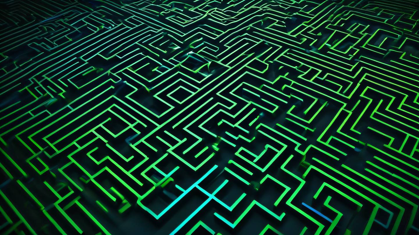 Abstract geometric maze pattern with bright lime green and electric blue pathways flowing through dark space representing error flow patterns minimal design high-quality ultra-realistic cinematic 8K UHD high resolution sharp and detail