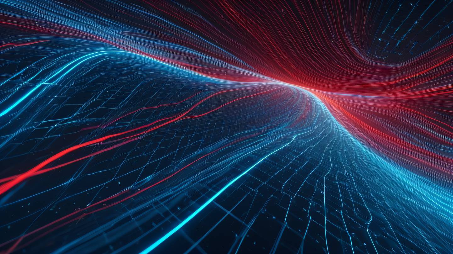 Dynamic flowing lines in bright sky blue and neon red creating an abstract pattern representing data flow and error tracking with particle effects high-quality ultra-realistic cinematic 8K UHD high resolution sharp and detail