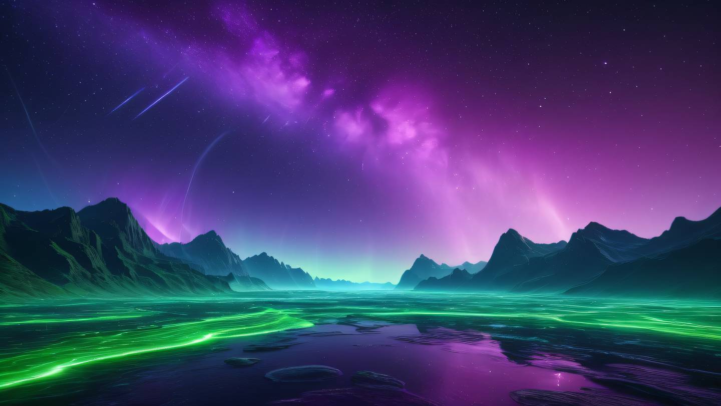 Abstract cosmic landscape with flowing neon purple and lime green aurora-like patterns representing system stability and error resolution with geometric elements high-quality ultra-realistic cinematic 8K UHD high resolution sharp and detail