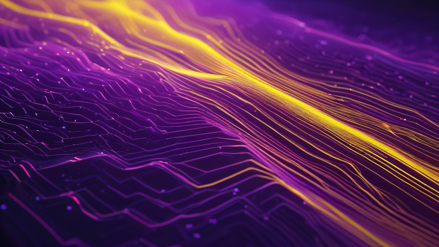 An abstract technological pattern representing data flow with bright violet and yellow gradient streams flowing through a crystalline structure high-quality ultra-realistic cinematic 8K UHD high resolution sharp and detail