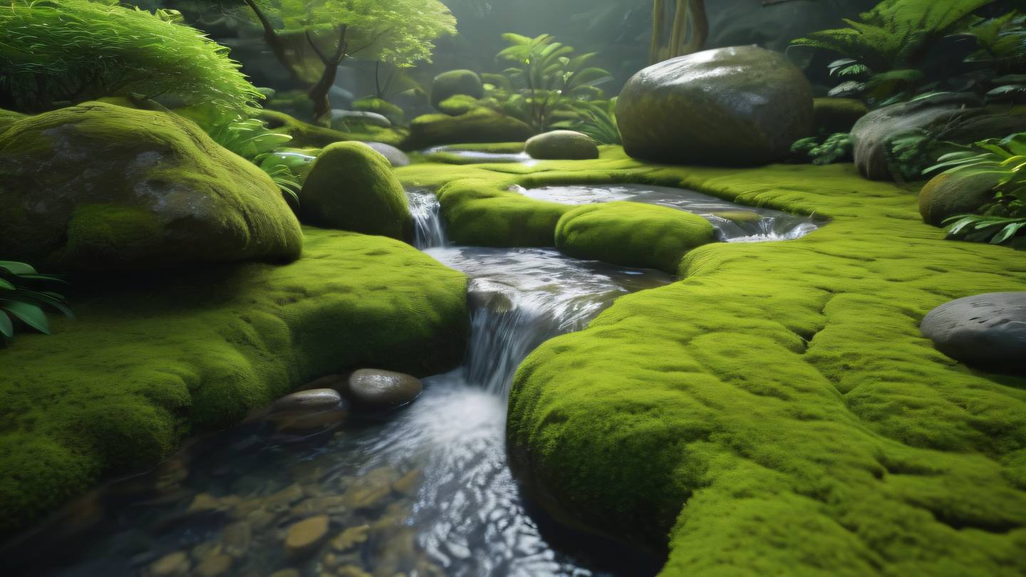 Peaceful zen garden with flowing water patterns featuring bright green moss and yellow stone elements creating a sense of natural flow and harmony high-quality ultra-realistic cinematic 8K UHD high resolution sharp and detail