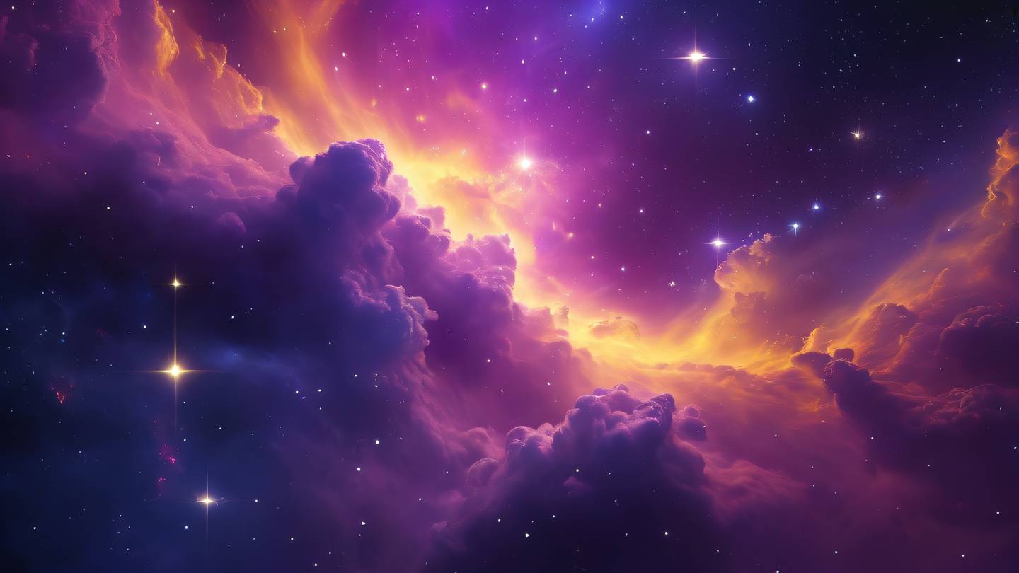 Abstract cosmic scene with flowing nebula clouds in bright violet and yellow colors stars scattered across the composition high-quality ultra-realistic cinematic 8K UHD high resolution sharp and detail