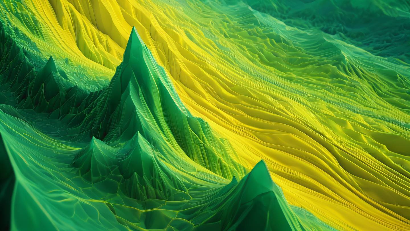 Bright abstract landscape with flowing geometric patterns featuring vibrant yellow and green gradients merging into crystalline formations high-quality ultra-realistic cinematic 8K UHD high resolution sharp and detail