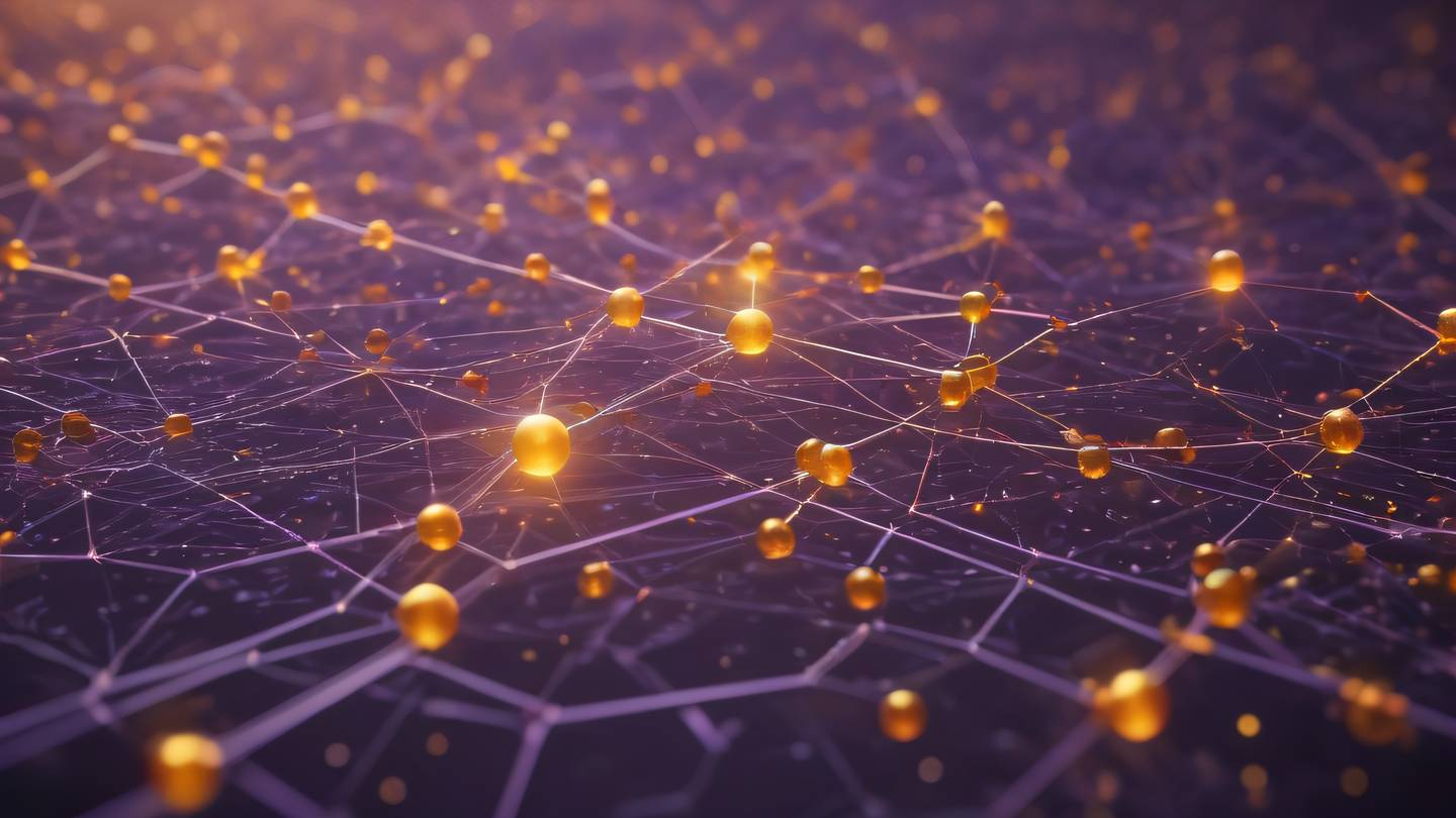 Abstract technological network nodes connecting in bright amber and dusty lavender colors geometric patterns floating in space ultra-realistic cinematic 8K UHD high resolution sharp and detail