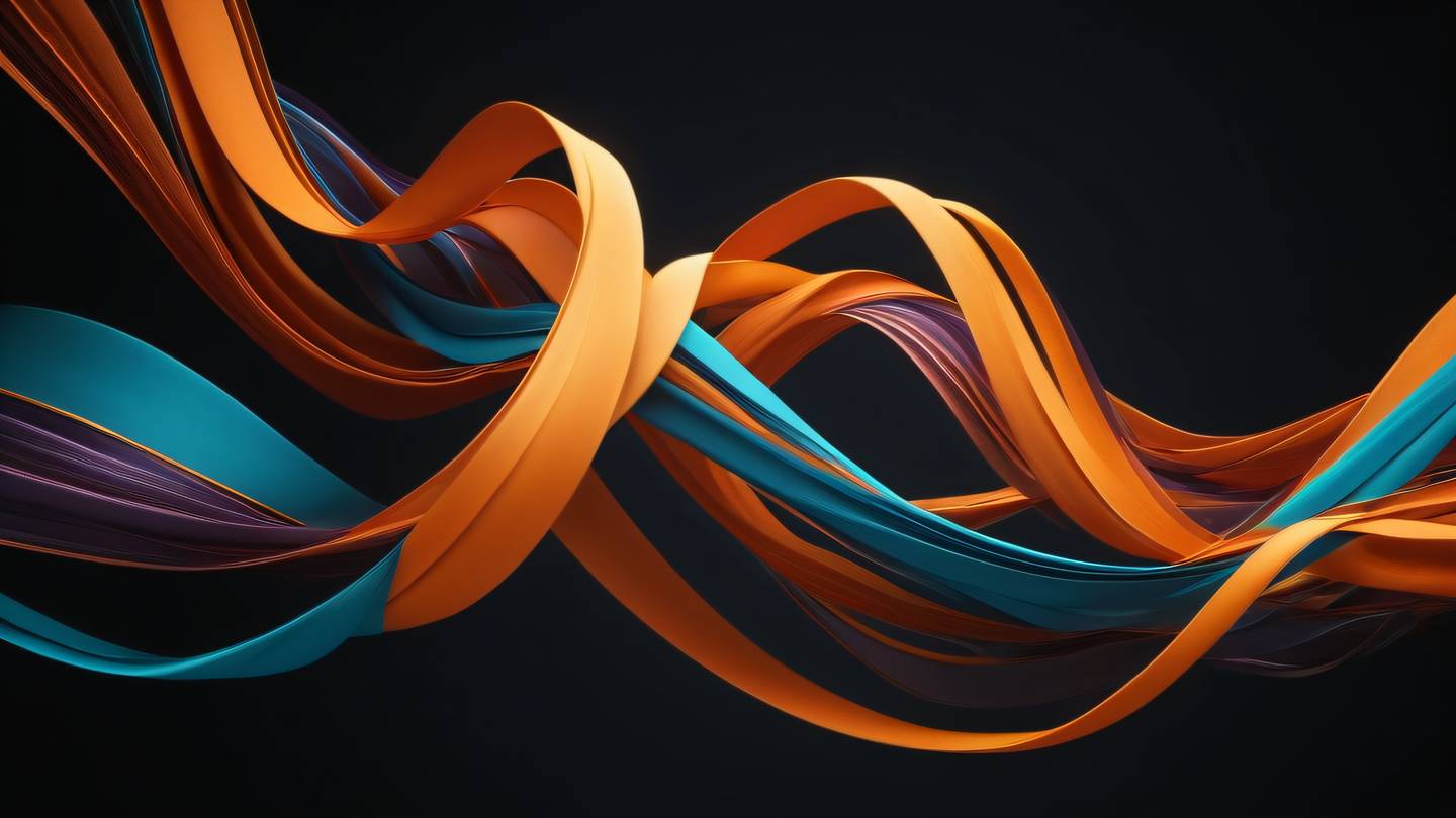 Flowing abstract ribbons intertwining in bright orange and gem colors against dark background representing data flow and middleware concept high-quality ultra-realistic cinematic 8K UHD high resolution sharp and detail